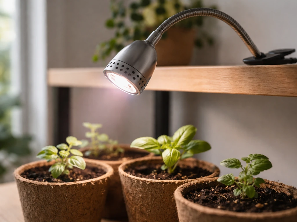 Leoter gooseneck grow light clipped to a shelf, lighting small seedlings in a compact indoor setup