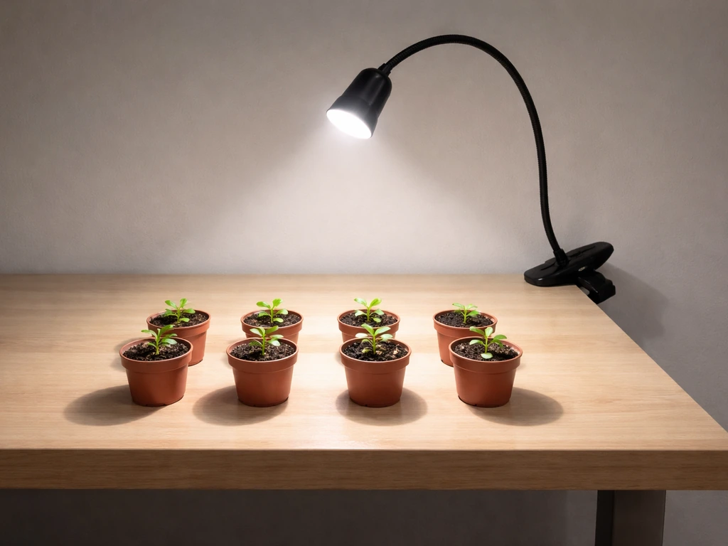 Minimal setup of small potted plants under a gooseneck LED, showing coverage falloff with distance.