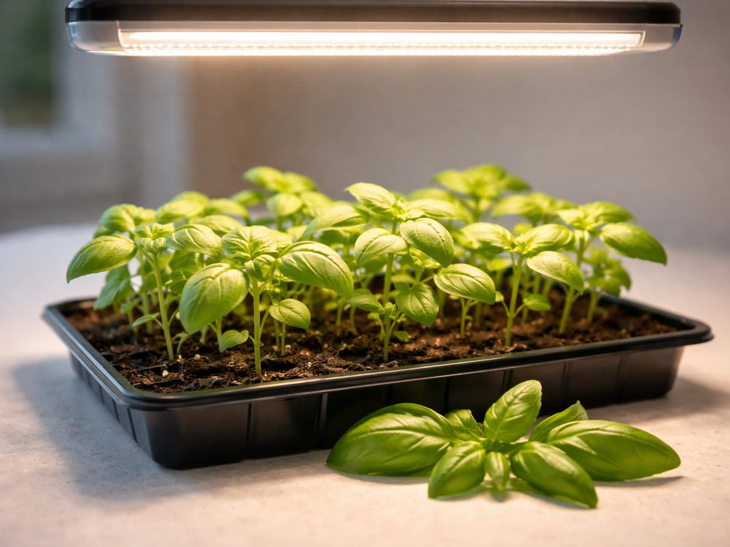 Green seedlings under a small grow light, thriving leaves and uniform emergence on a simple tray.