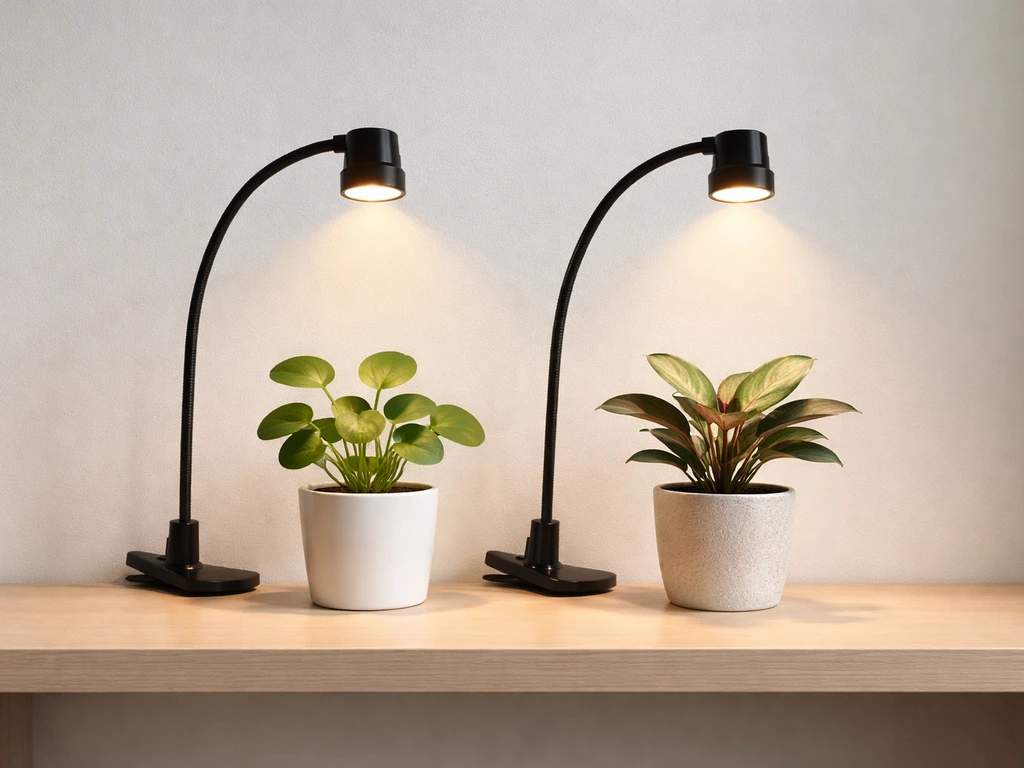 Two gooseneck clip grow lights mounted on a shelf, illuminating two small potted plants side by side.