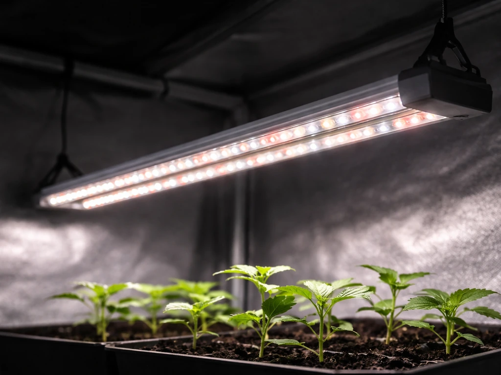AGLEX-style full-spectrum LED grow light bar glowing above a small indoor plant canopy