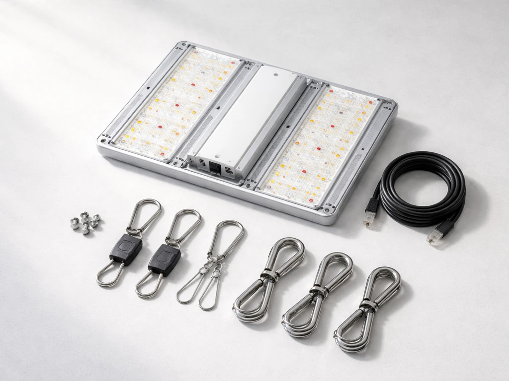 AGLEX M400 box contents laid out neatly: grow light, hanging kit hooks, screws, and RJ12 cable.