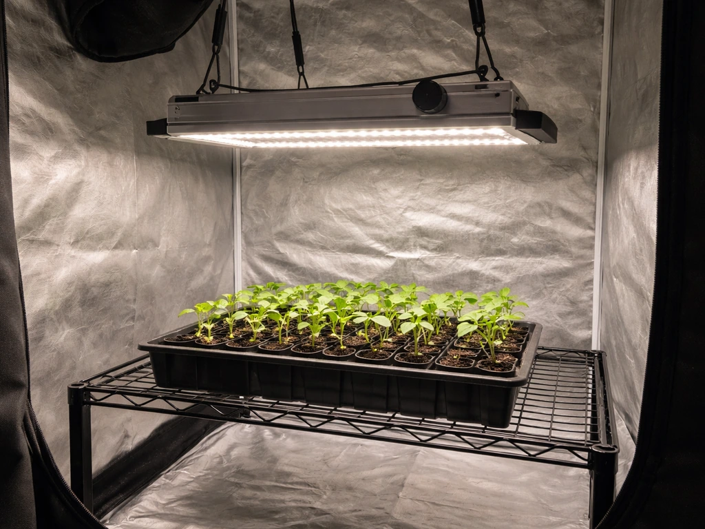 Indoor grow tent bench with seedlings under an LED light, simple setup and adjustable light visible.