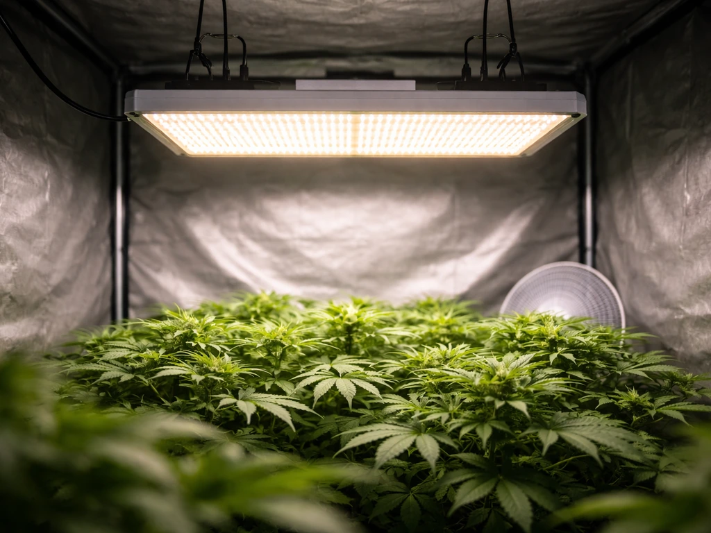 Premium Sonlipo LED grow light glowing inside a small tent, canopy below illuminated.