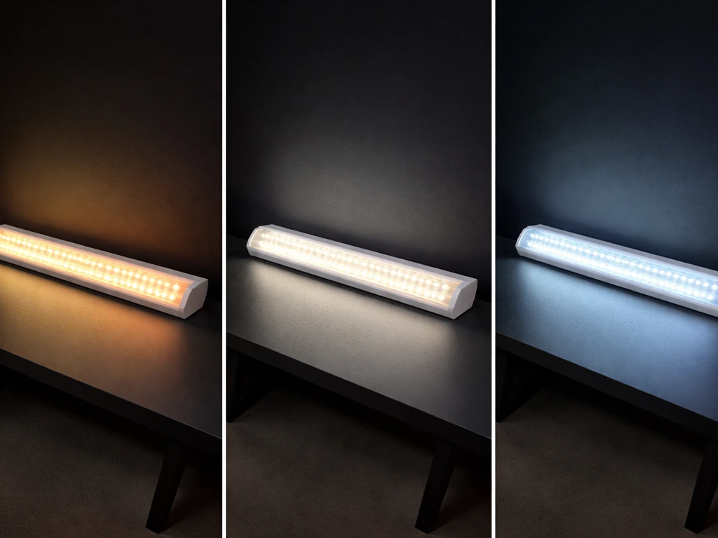 Close-up of a grow light switching between three spectrum modes, showing distinct colored light spill.