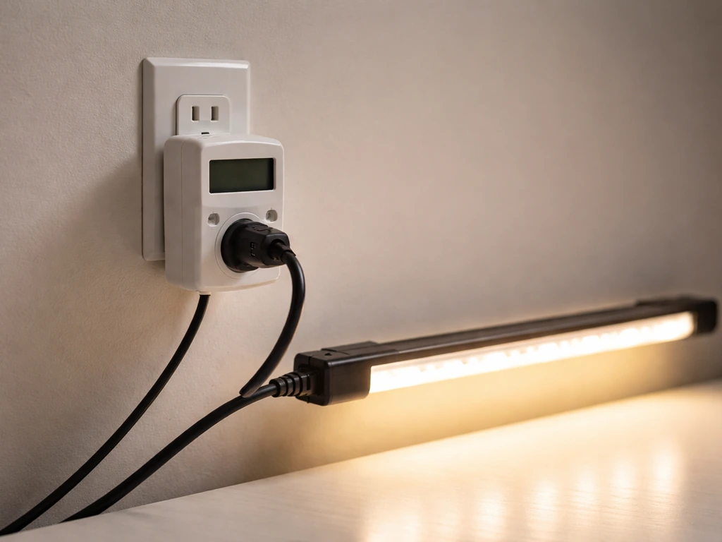 Grow light turned on with a plug-in power meter showing watt draw in a simple indoor setup.