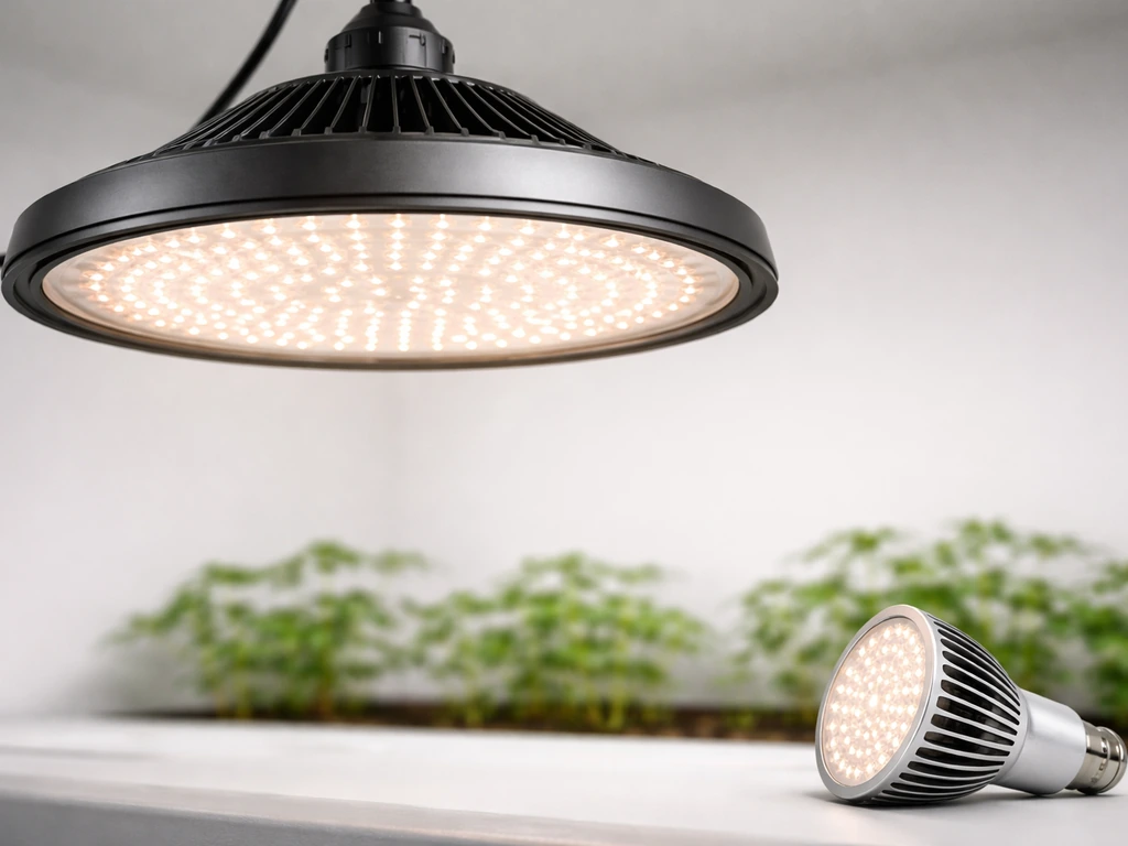 Close-up of Lonwon grow light UFO panel and bulb-style fixture glowing over a simple indoor grow setup