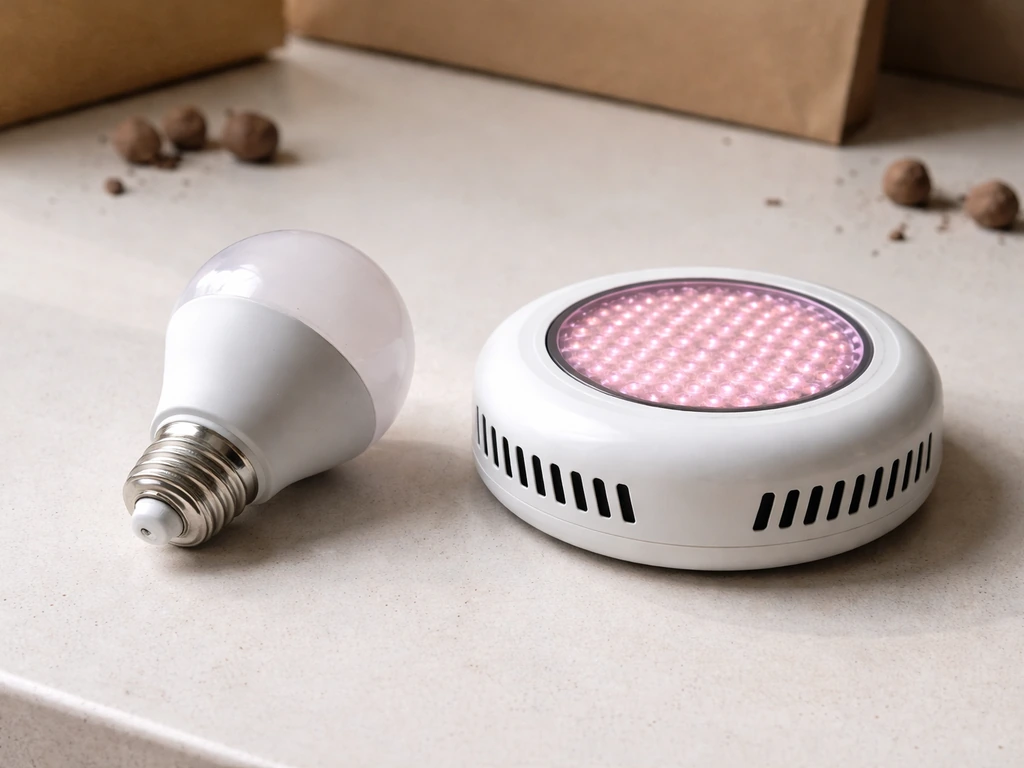 Two anonymous grow light types—screw-base bulb and UFO panel—laid on a clean workbench side by side.
