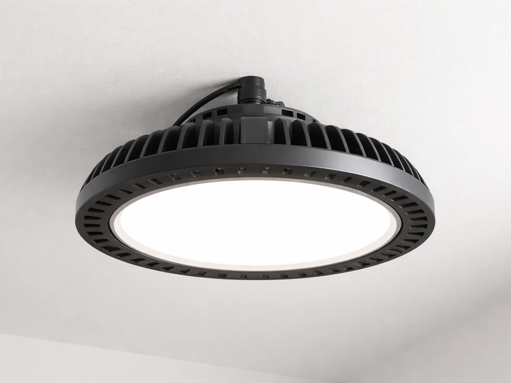 Close-up of a modern UFO-style LED panel fixture with visible heat fins in a simple indoor setting