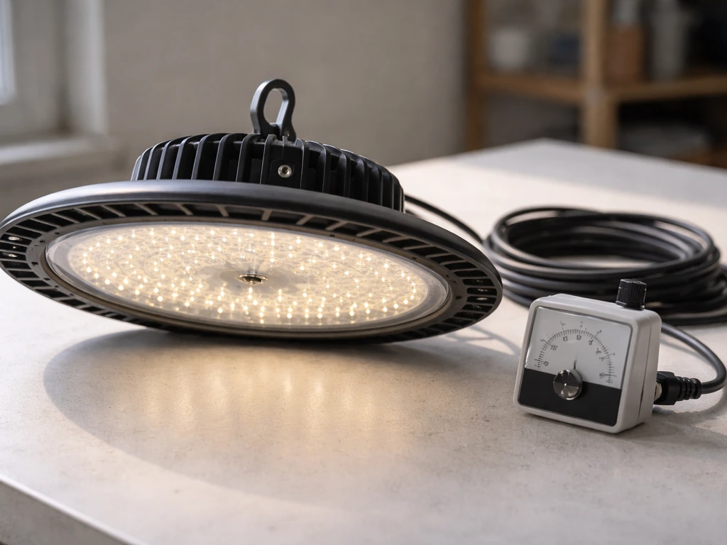 Minimal scene of a modern LED fixture and a simple power meter on a workbench, suggesting value per watt.