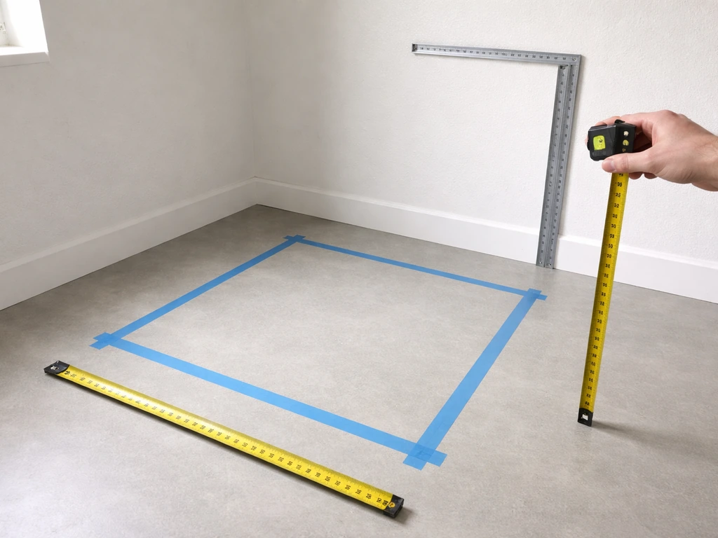 Measuring tape over a taped 2x2 grow area with mounting height check in a clean indoor room
