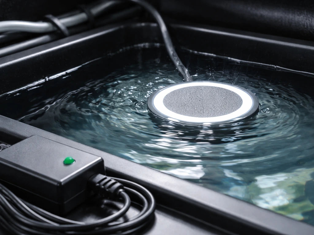 O2 grow emitter disc submerged in a hydroponic reservoir with a nearby control box and cord
