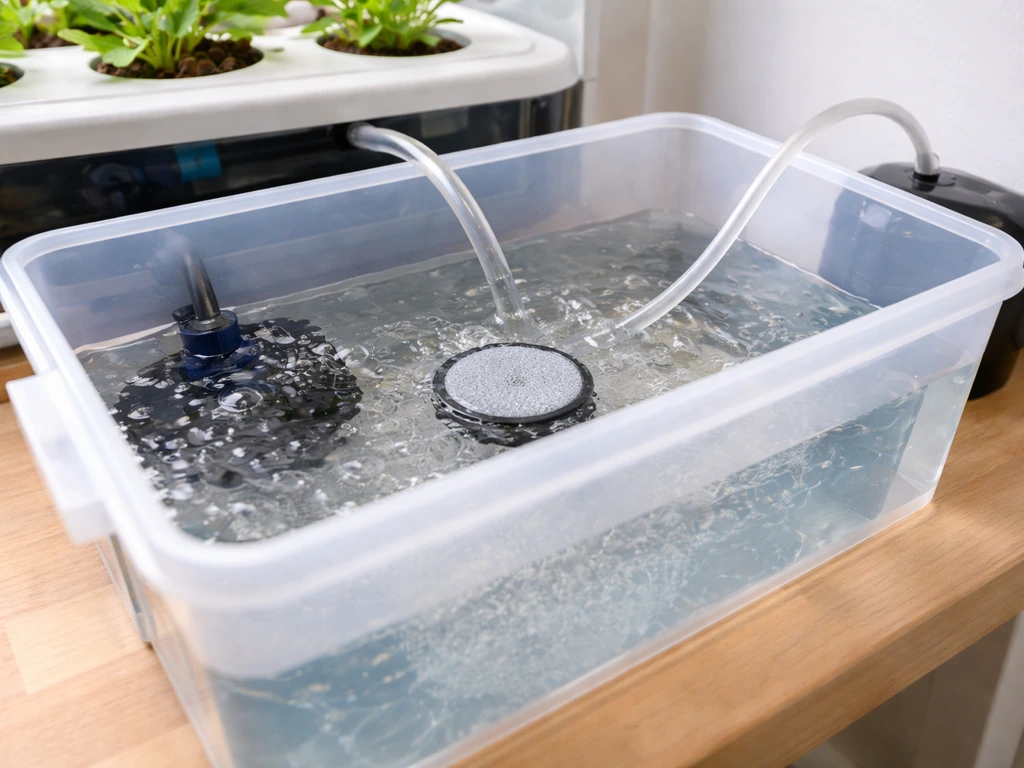 Hydroponic reservoir with the circular oxygenator disc installed, showing bubbles and aeration for DWC/NFT-style systems