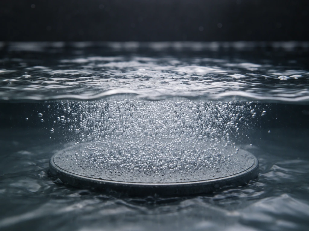 Close-up of microbubbles rising from a submerged water emitter plate in a hydroponic reservoir.