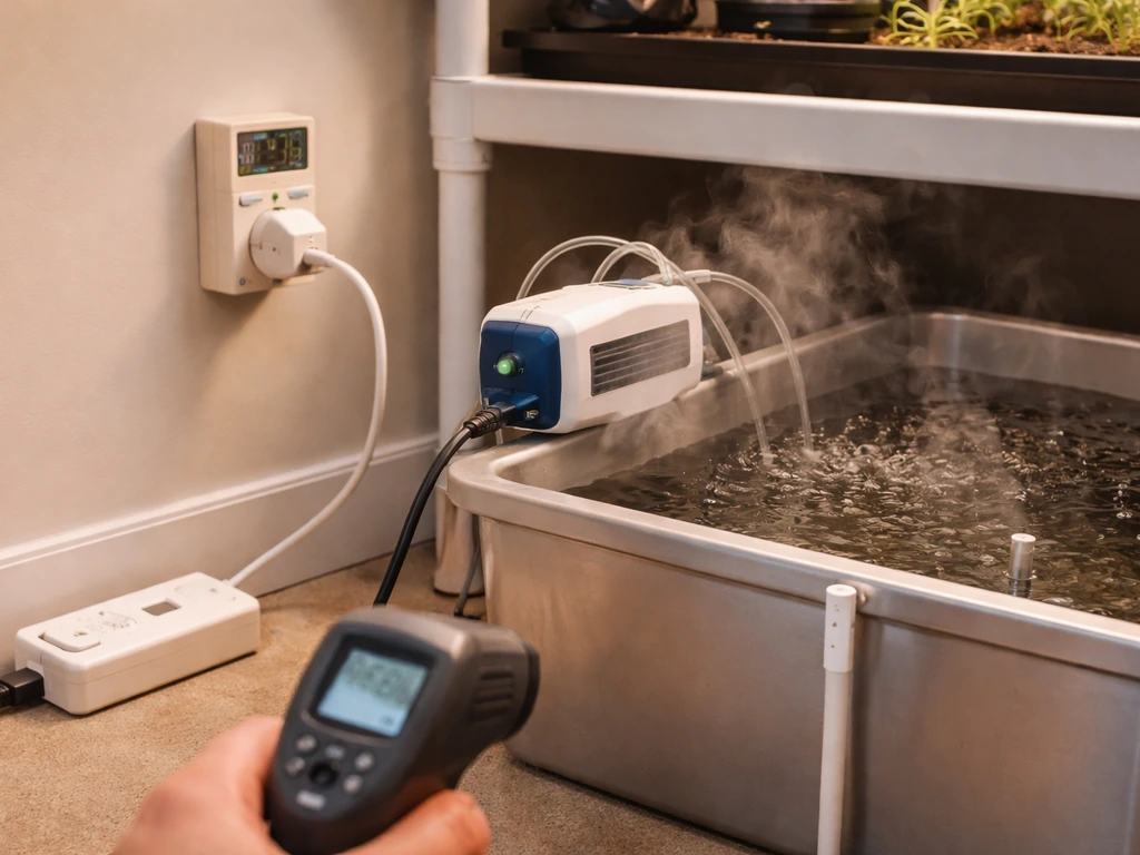 Indoor grow emitter by a reservoir with a power monitor and IR thermometer measuring heat.