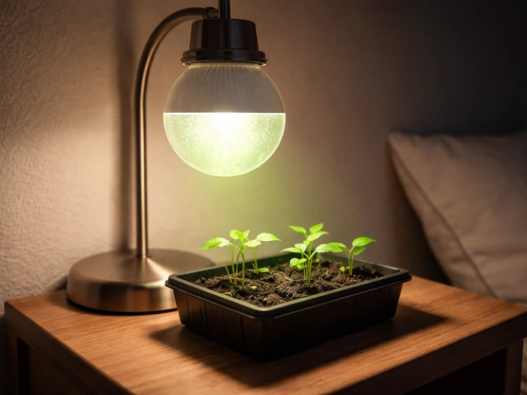 A glowing globe LED grow bulb in a home lamp, lighting small seedlings beneath.