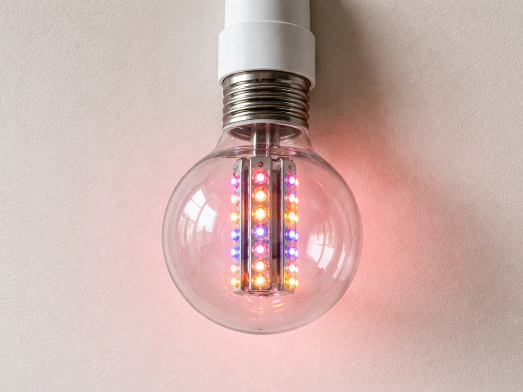 Close-up of a globe-shaped LED grow bulb screwed into an E26/E27 socket.