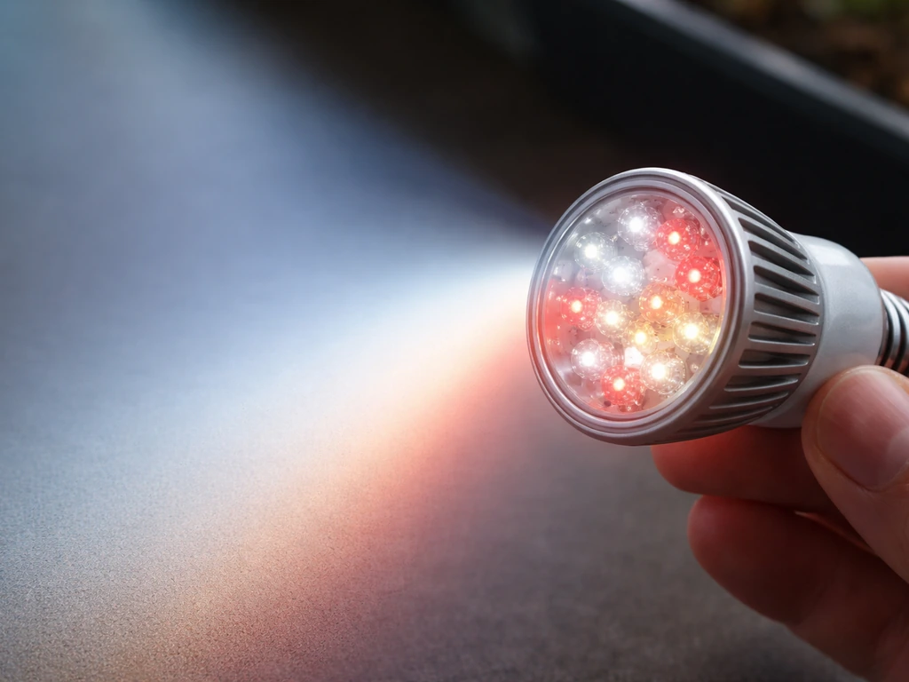 Macro of a grow bulb casting cool-white light with a faint red tint on a blank surface; no modes shown.