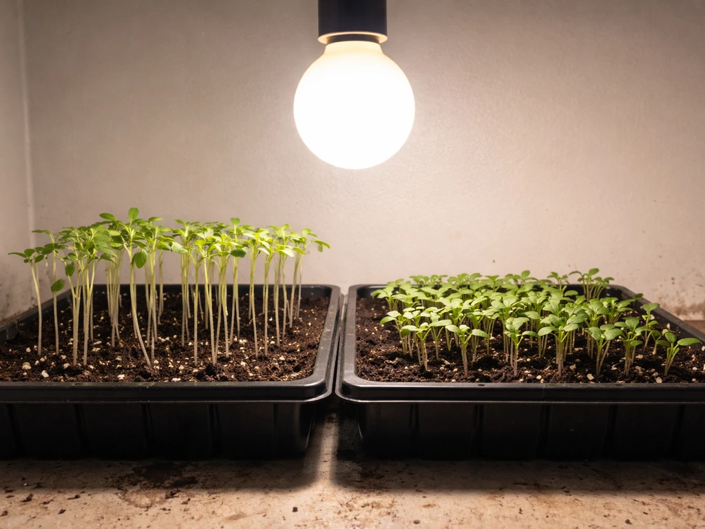 Two seedling trays under a low globe grow bulb, one leggier and one more compact.