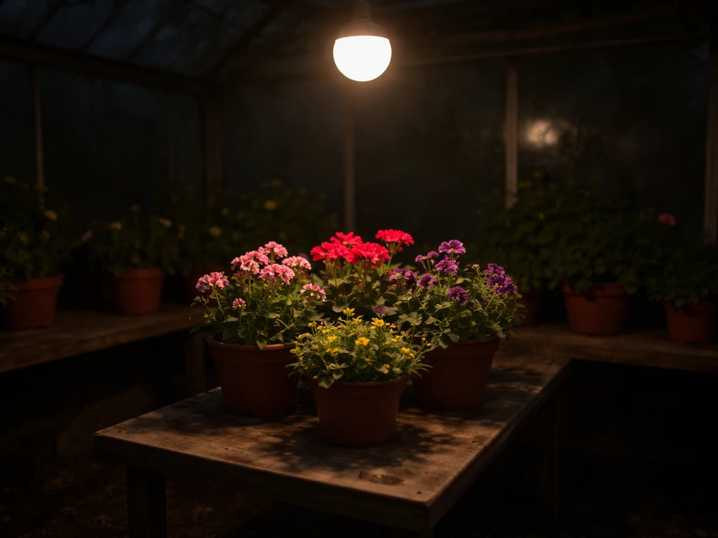 Small flowering plants under a dim ceiling globe bulb, with uneven light and sparse blooms in corners.