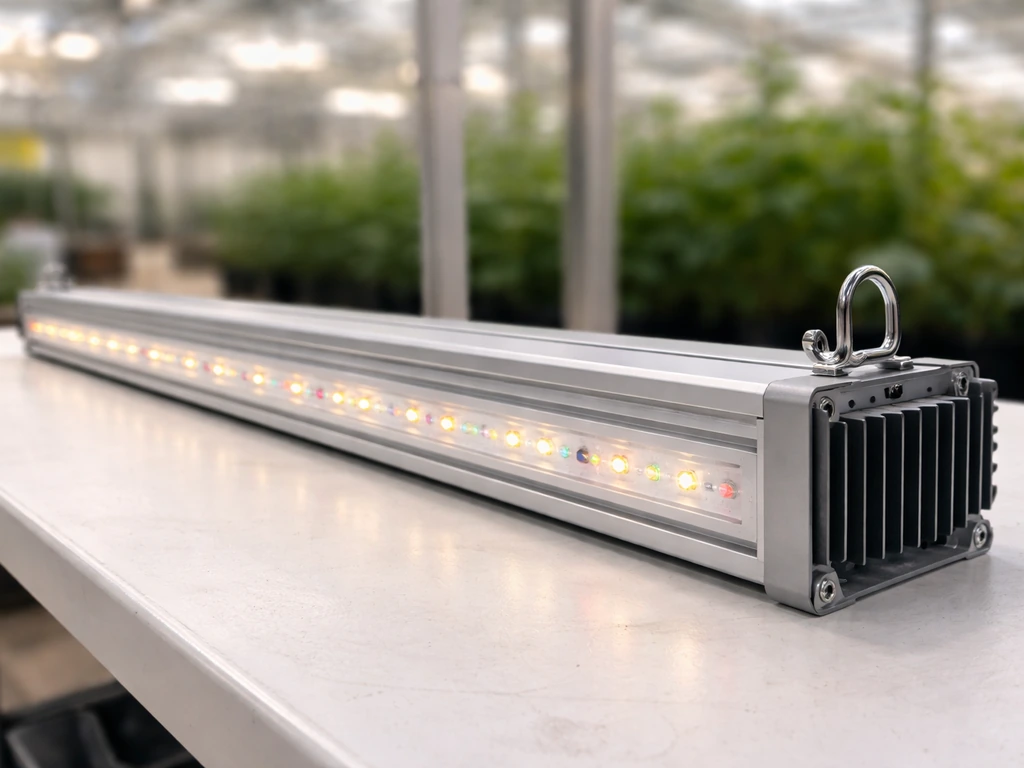 Close-up of a bar-style horticultural LED fixture on a workbench with blurred greenhouse background.