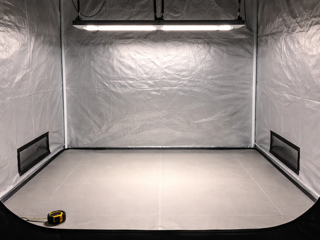 LED grow bar mounted over an empty taped square footprint inside a grow tent, showing light spread and height.
