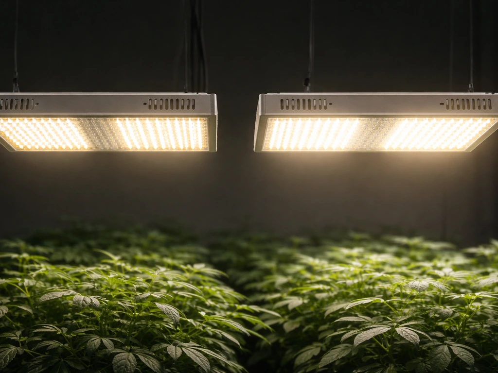 Two unbranded LED grow light fixtures side-by-side with subtle light intensity differences on a dark floor.