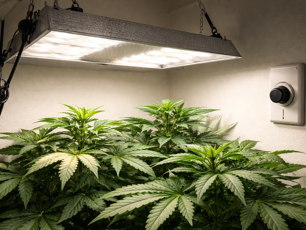 Grow light over plants showing light-bleached leaf edges, with fixture slightly raised and dimmed.