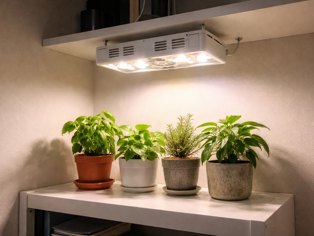 Compact white full-spectrum LED grow light mounted over a small dorm shelf with a few potted plants.