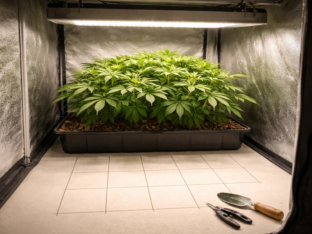 Small indoor plant canopy beneath a grow light with a simple marked measuring grid on the floor