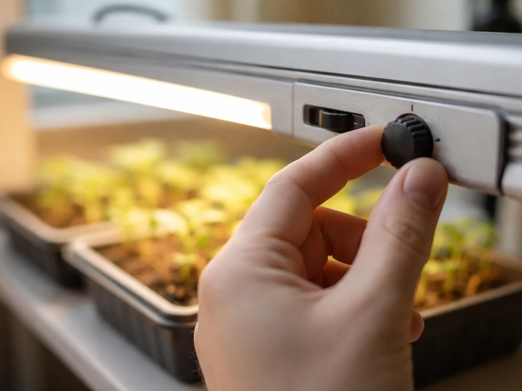 Hand turning a dimming dial on a grow light control while seedlings sit nearby