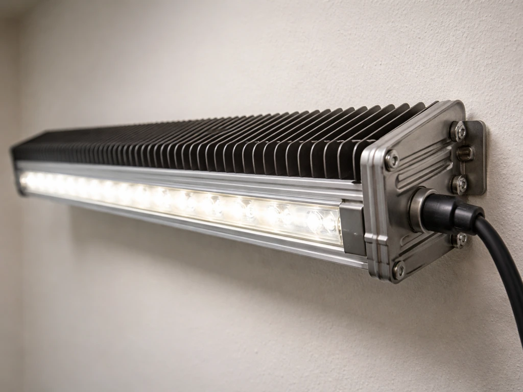 Close-up of an LED fixture showing aluminum heatsink fins for passive cooling.