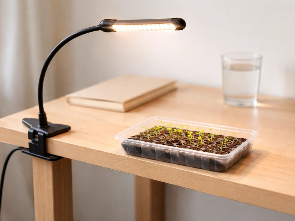 Clip-on gooseneck LED grow light over a small seed tray on a dorm desk, no drilling