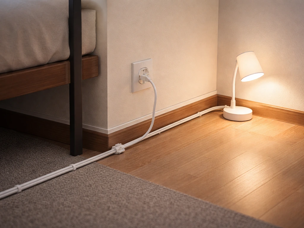 Dorm room corner showing a safely routed extension cord powering a lit desk lamp.