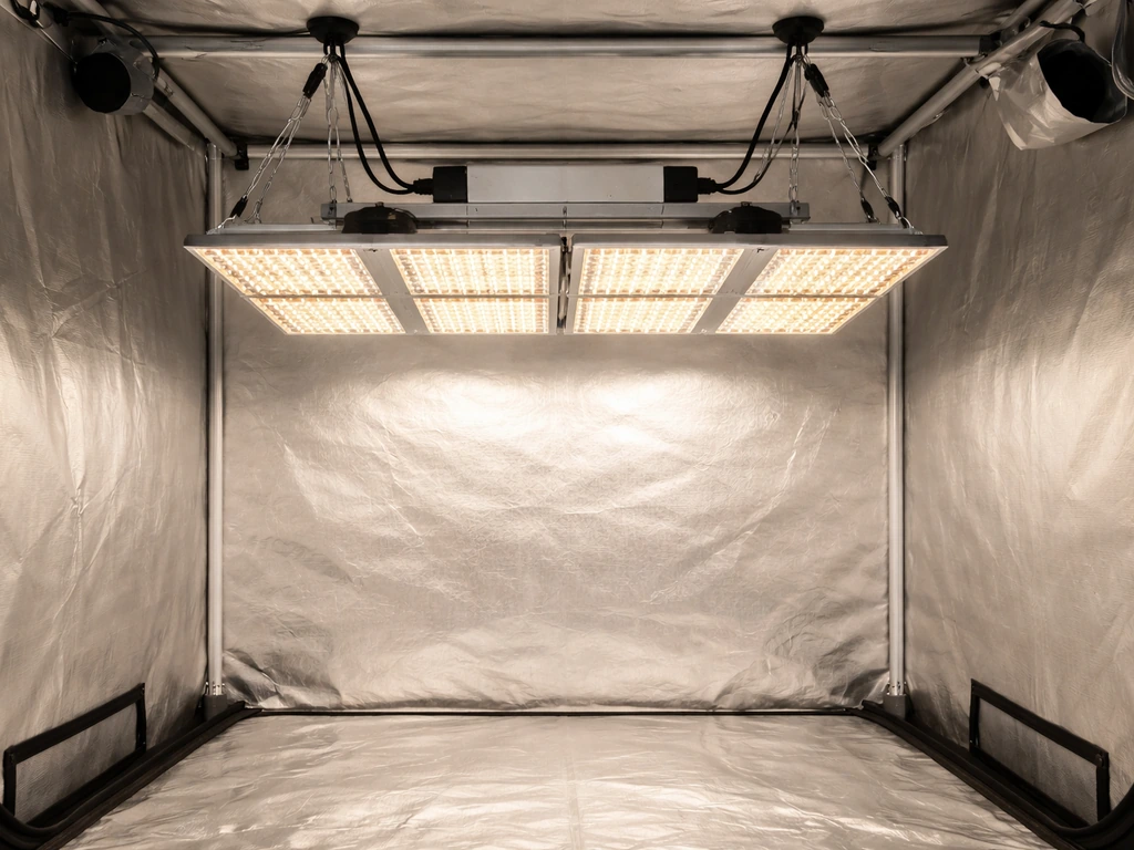 LED grow light fixture hanging over a grow tent canopy with visible coverage area and hardware