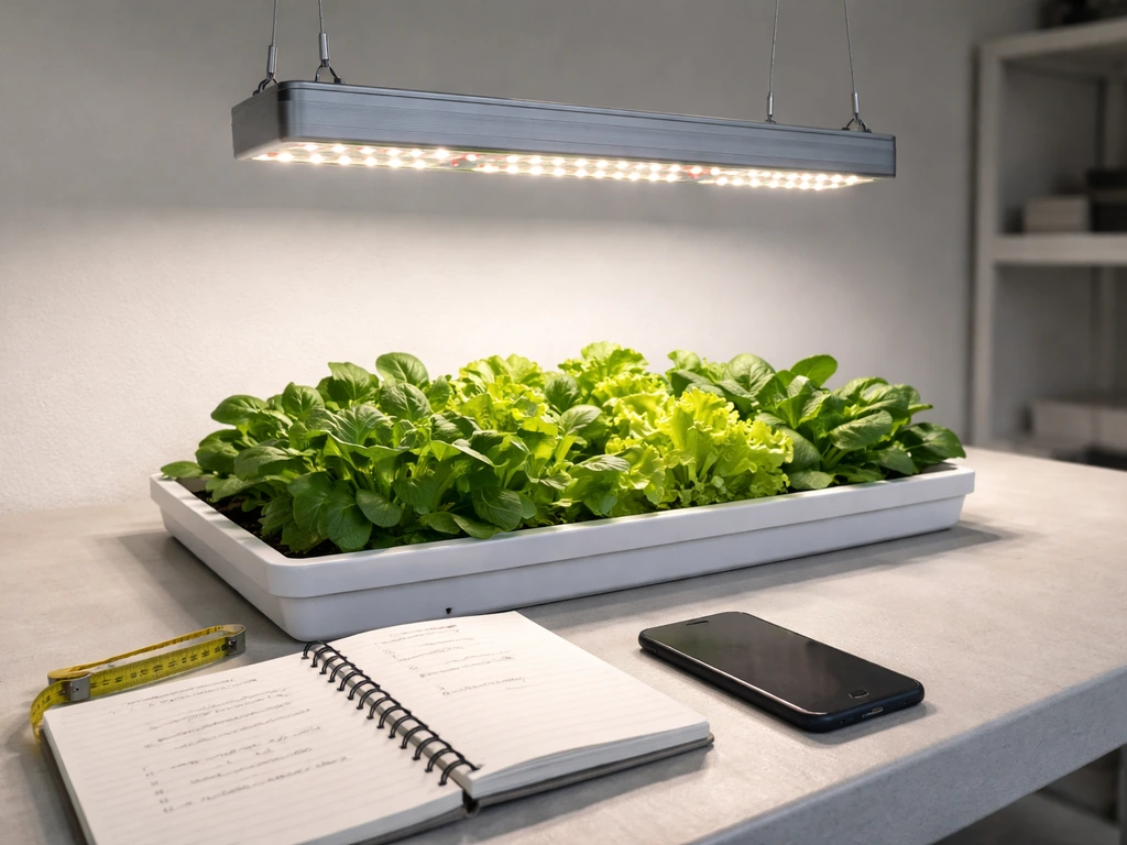 Close-up of an LED grow light above a small plant with a simple notebook and measuring tape nearby