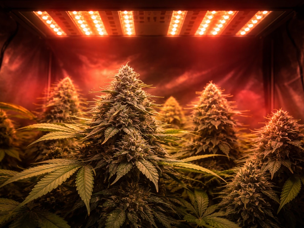 Flowering canopy under a red-toned LED grow light with glowing diodes and soft colored light halos.