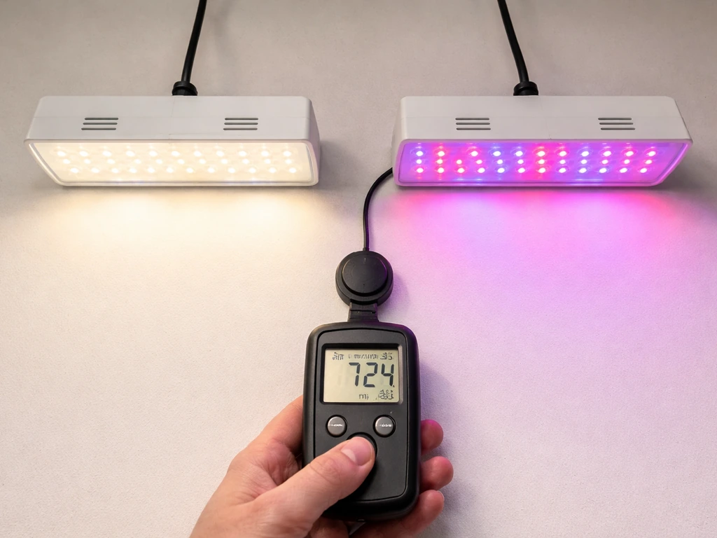Side-by-side white and blurple LED grow lights with a PPFD meter probe hovering above them.