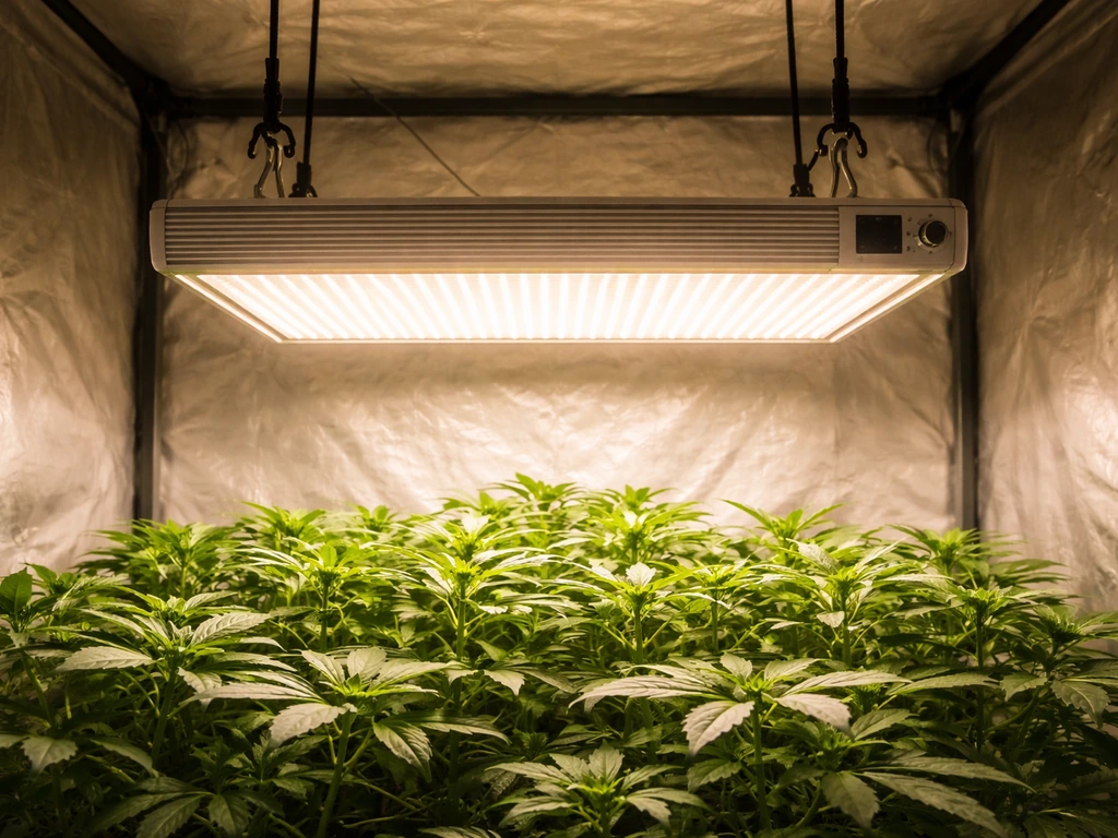 Centered grow light fixture overhead above a thriving plant canopy inside a grow tent.