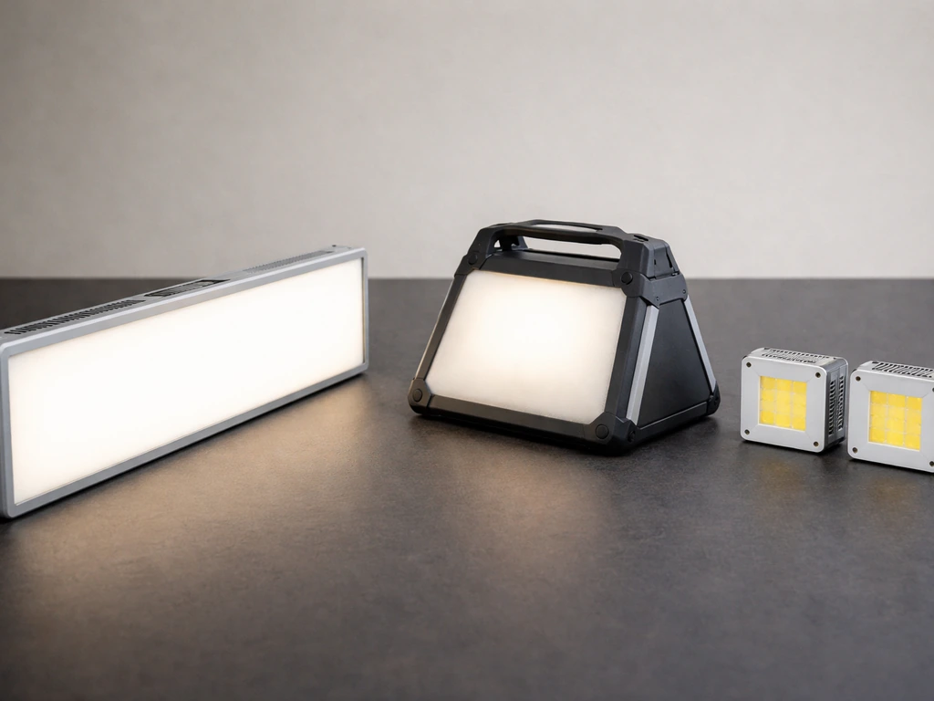Three different LED light types—high-power panel, tent-style light, and smaller board units—on a table.