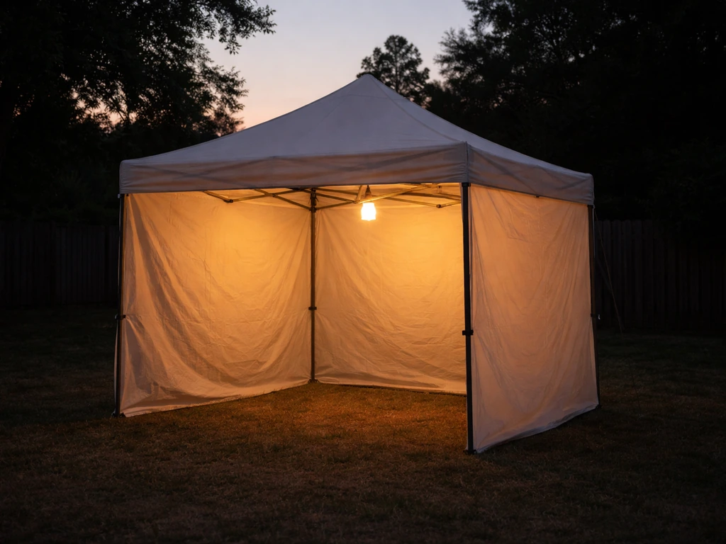 A glowing tent-specific light inside a small canvas tent at dusk, showing the MTL-style use context.