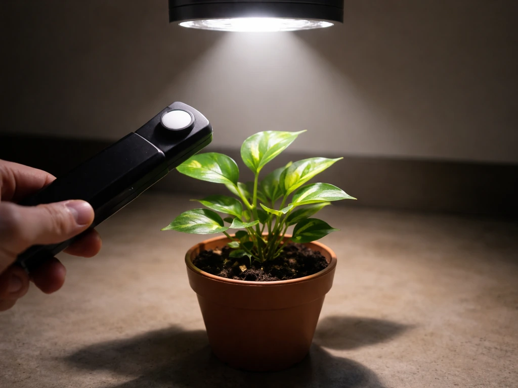 Quantum light sensor measuring PPFD over a potted plant under a grow light