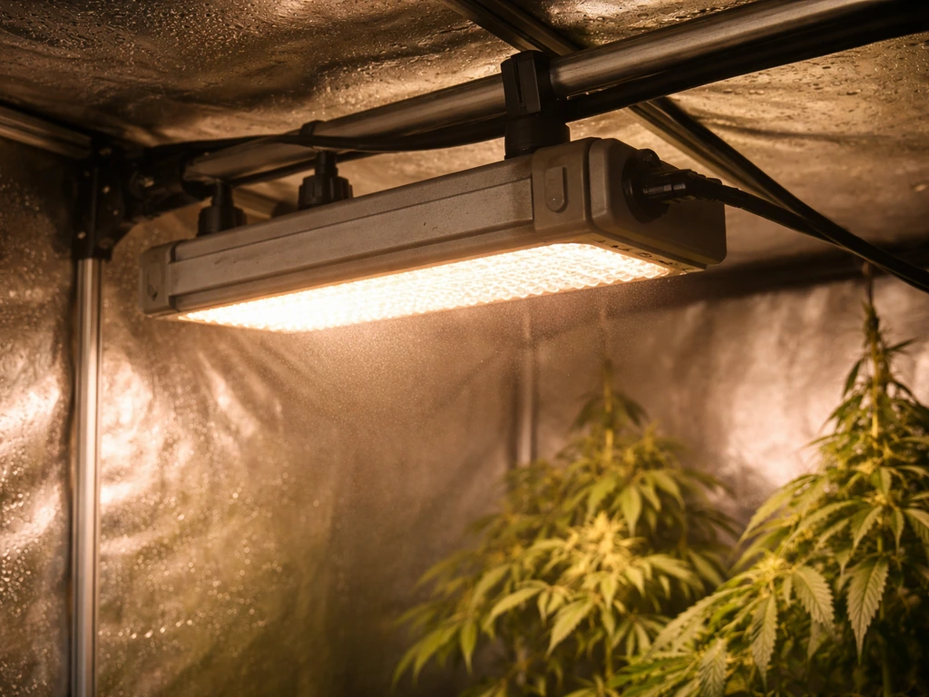 IP65 grow light mounted in a humid grow tent with sealed ports and condensation visible on the tent fabric