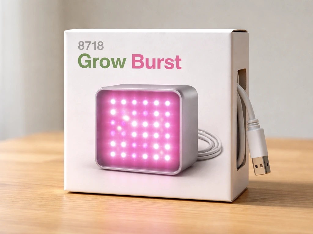 Boxed grow light product packaging labeled with SKU 8718 and Grow Burst variant name