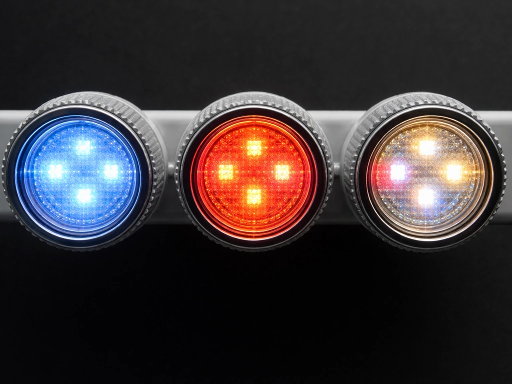 Three LED grow light heads glowing blue-only, red-only, and mixed modes in a close-up row.