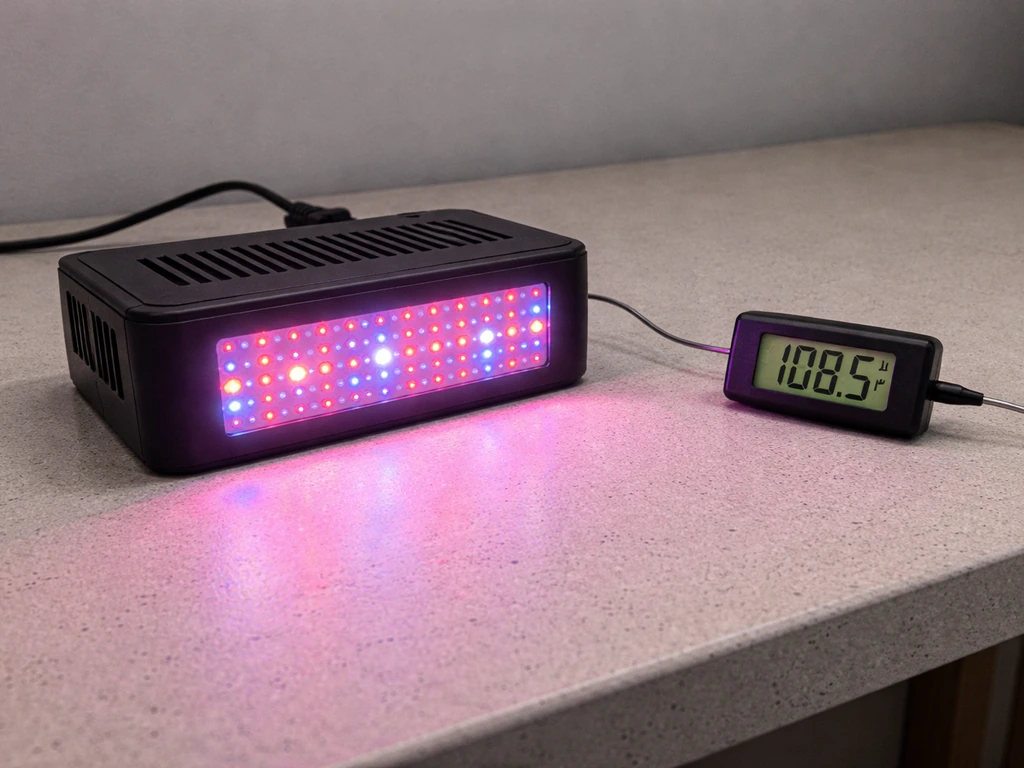 Grow light operating on a small surface with a thermometer near the LEDs to show heat during use