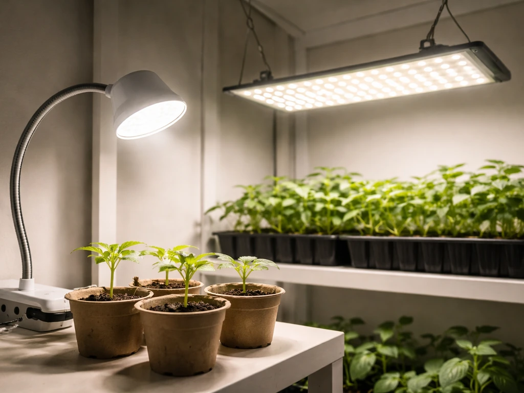 Indoor seedlings under a cool-white clip-on LED and a hanging rectangular grow light panel.