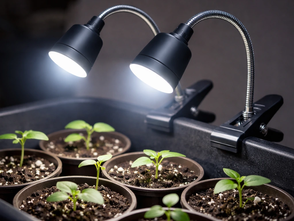 Cool-white 6000K clip-on grow lights clipped to pot rims illuminating seedlings.