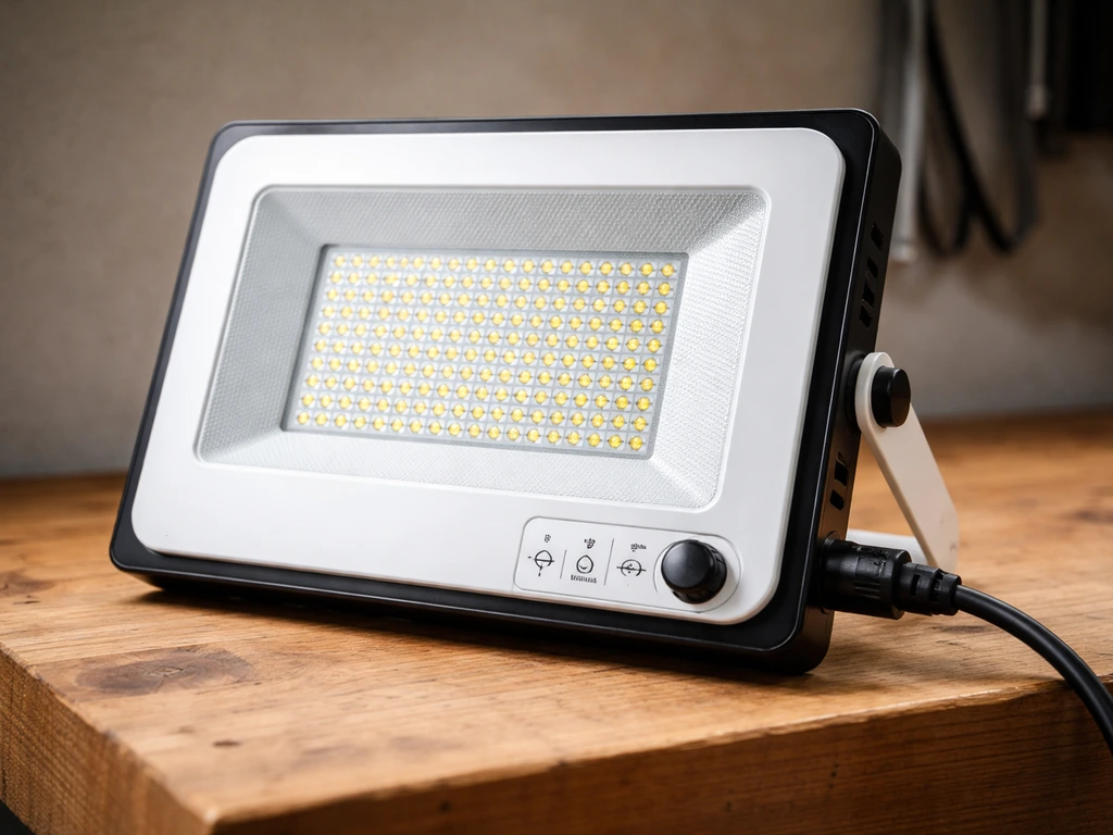 Juhefa 100W LED panel on a workbench with visible dimming/timer controls and plugged-in power cable.