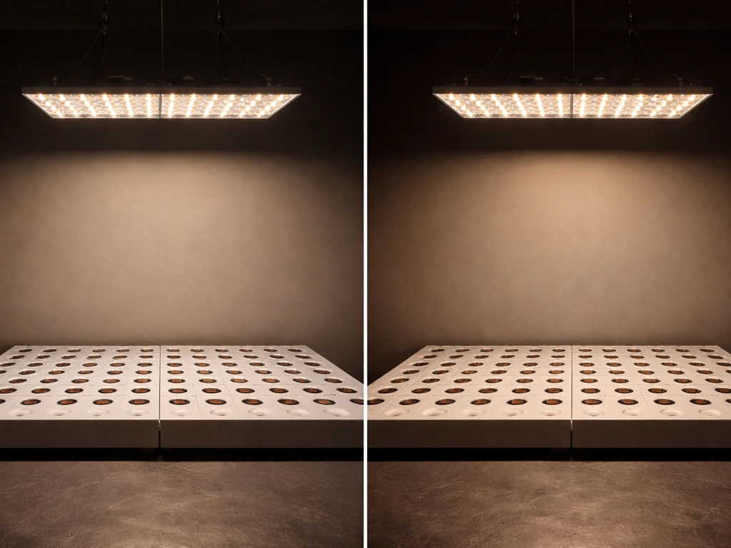 Two adjacent grow-area photos with a bright center hotspot on one side and dimmer edges on the other.